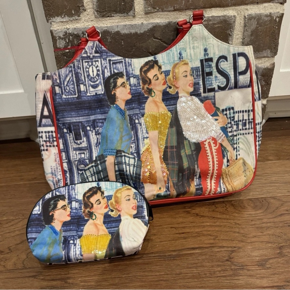 Isabella Fiore Red and Blue Shoulder Bags with Vintage Print